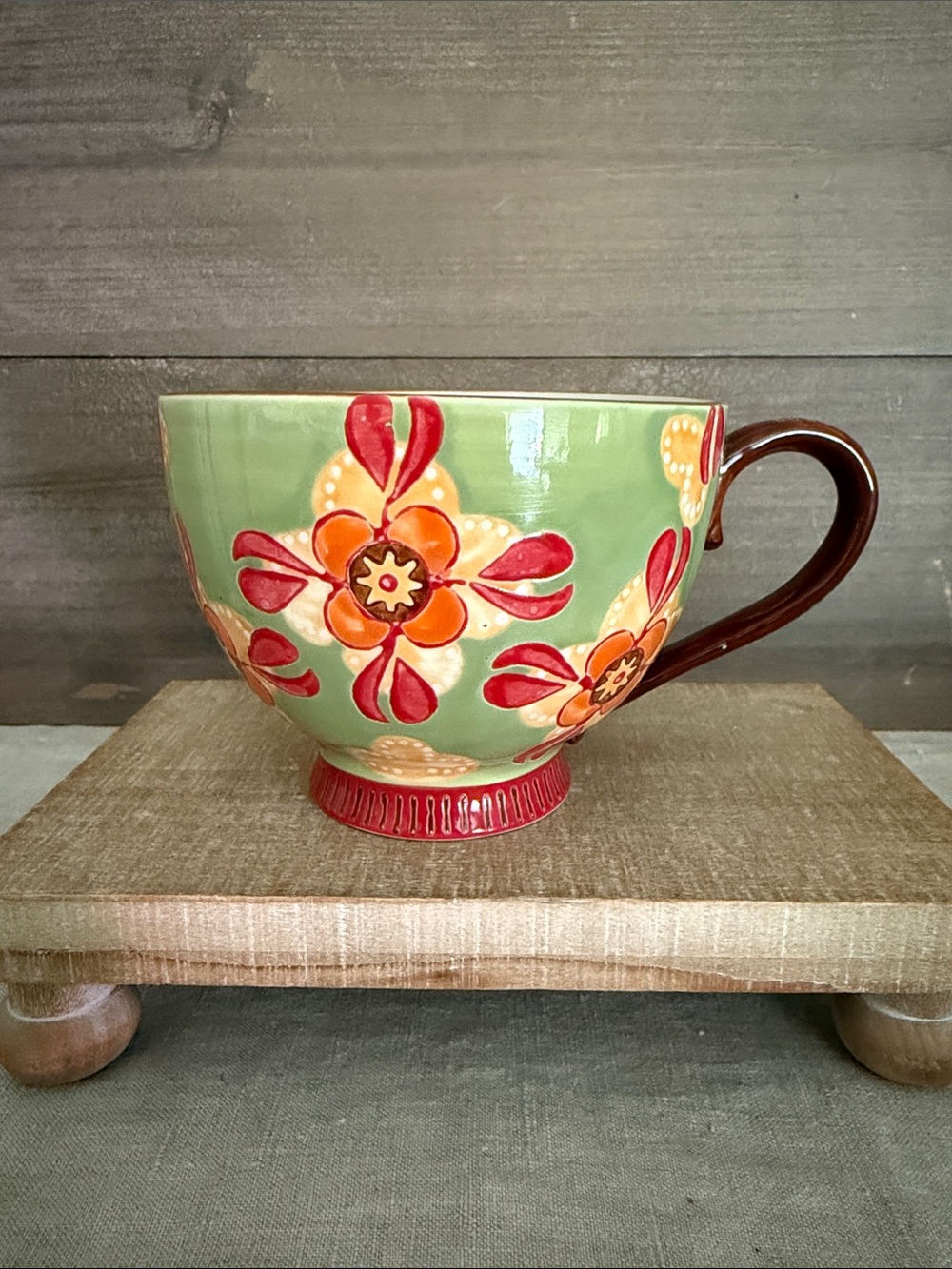 Dutch Wax by Coastline Imports Footed Coffee Mug Teacup Handpainted Floral Green